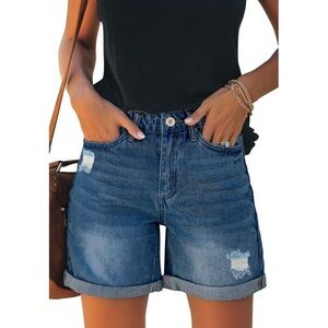 luvamia - Women's Casual High Rise Denim Distressed Rolled Hem Jeans Shorts